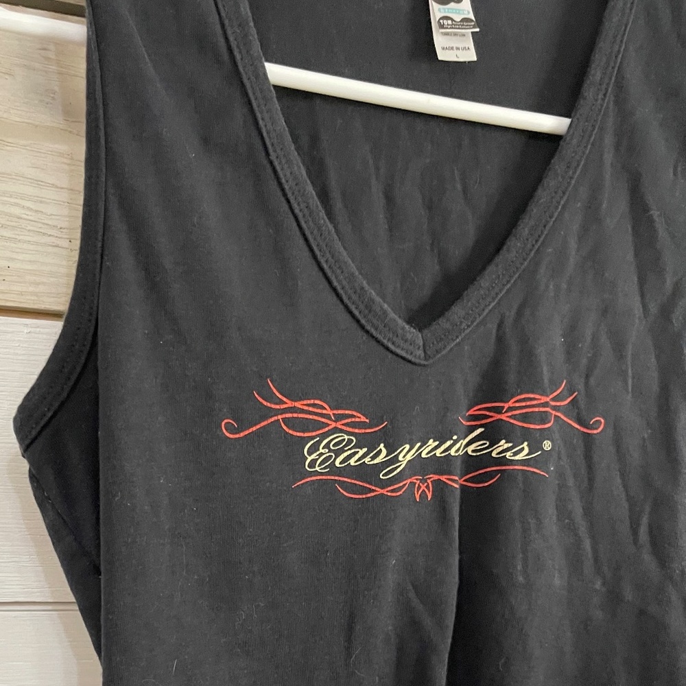 "Easy Rider Black Tank Top: Bold Red Lettering with Winged Design"